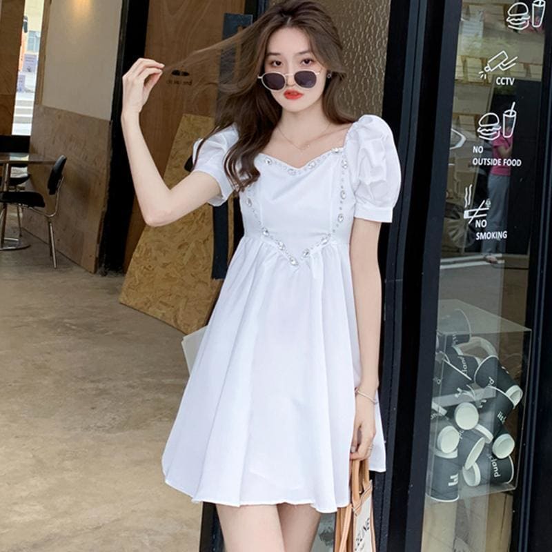 Love Heart Rhinestone Puff Sleeve Mini Dress