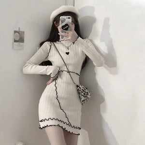 Love Heart Ruffle Knitted Slim Fit Dress MK15699 - KawaiiMoriStore