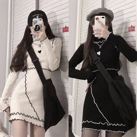 Love Heart Ruffle Knitted Slim Fit Dress MK15699 - KawaiiMoriStore