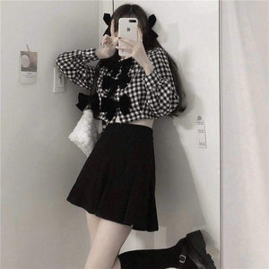 Lovely Asian Fashion Long Sleeve Bow Short High Waist Skirt 