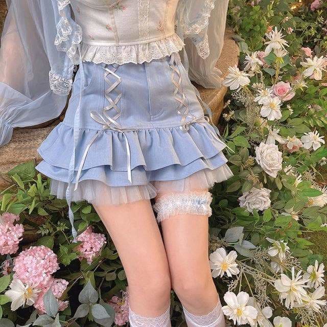 Lovely Blue Lace Summer Kawaii Casual High Waist Skirt 
