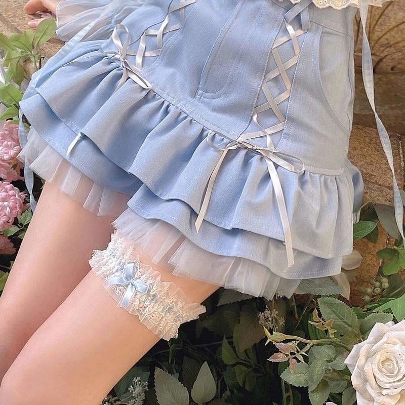 Lovely Blue Lace Summer Kawaii Casual High Waist Skirt 