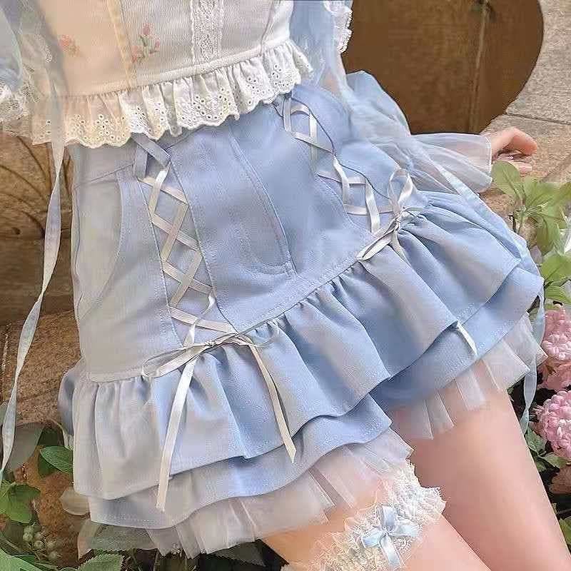 Lovely Blue Lace Summer Kawaii Casual High Waist Skirt 