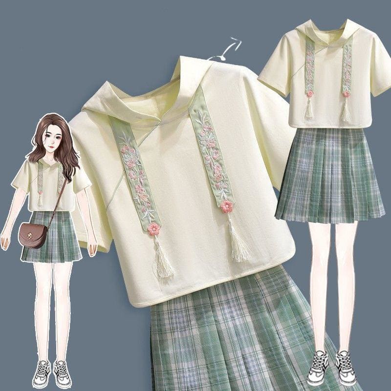 Lovely Spring Style Green Blouse and Pleated Skirt Set MM1302 - KawaiiMoriStore