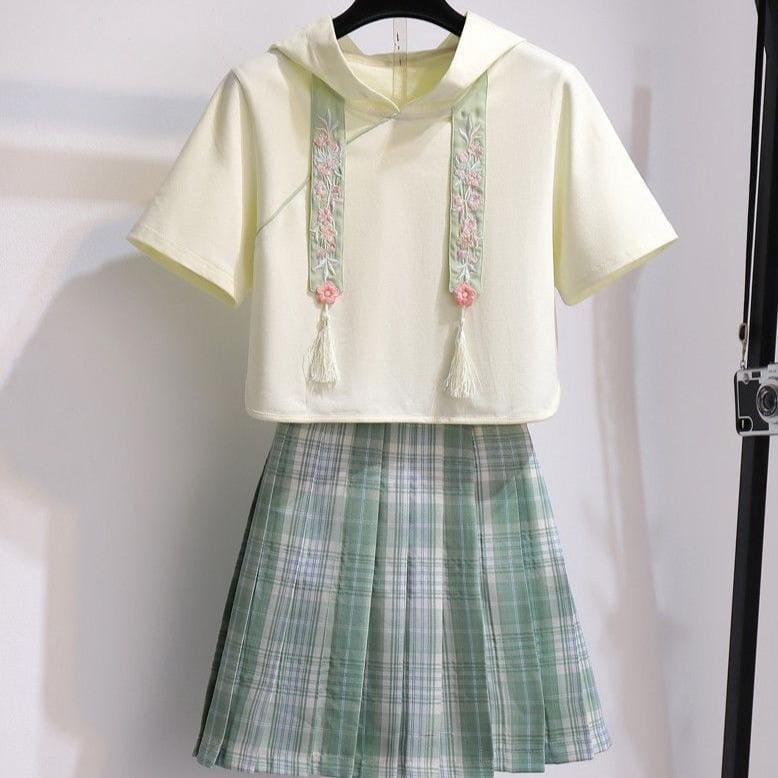 Lovely Spring Style Green Blouse and Pleated Skirt Set MM1302 - KawaiiMoriStore