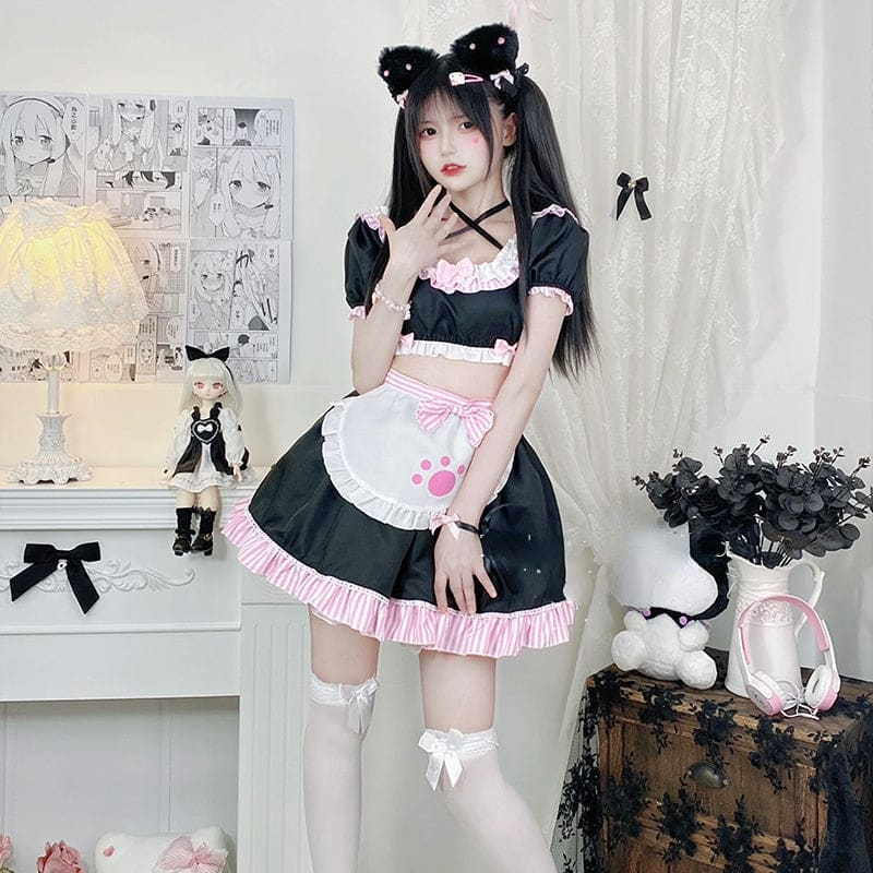 pink maid dress Plus Size Cosplay Monogatari Black & Pink Maid Costume Dress Set Sugarplum Store