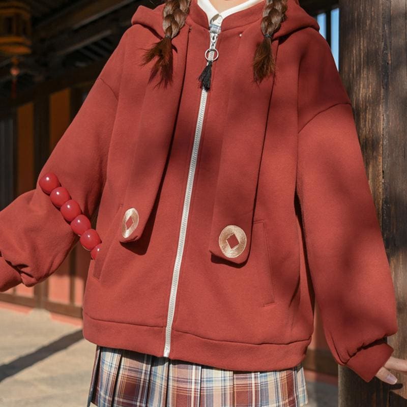 Lucky Calf Ears Embroidery Zipper Hooded Jacket with Back Pocket MK15887 - KawaiiMoriStore