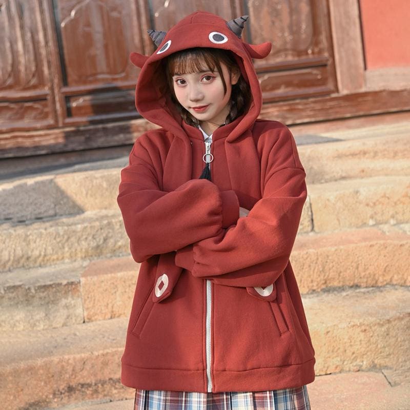 Lucky Calf Ears Embroidery Zipper Hooded Jacket with Back Pocket MK15887 - KawaiiMoriStore