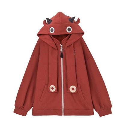 Lucky Calf Ears Embroidery Zipper Hooded Jacket with Back Pocket MK15887 - KawaiiMoriStore