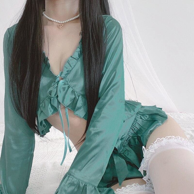 Luxury Sexy Ruffles Silky Pajamas Sleepwear MM0599 - KawaiiMoriStore