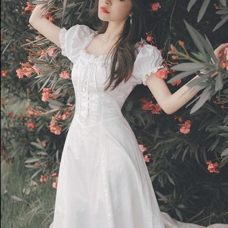 Maria - White French Puff Sleeve Dress - Dress