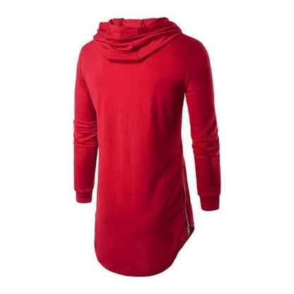 Mens Simple Long-sleeved Curved Hem Side Zipper Longline Pullover Hoodie - KawaiiMoriStore