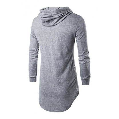 Mens Simple Long-sleeved Curved Hem Side Zipper Longline Pullover Hoodie - KawaiiMoriStore