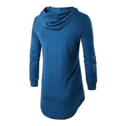 Mens Simple Long-sleeved Curved Hem Side Zipper Longline Pullover Hoodie - KawaiiMoriStore