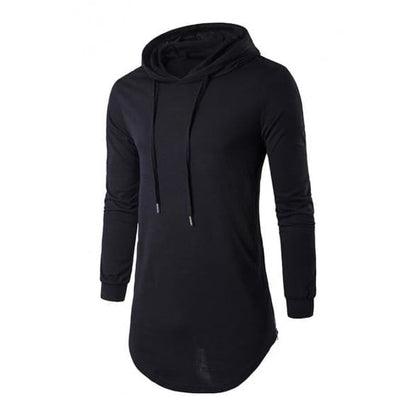 Mens Simple Long-sleeved Curved Hem Side Zipper Longline Pullover Hoodie - KawaiiMoriStore