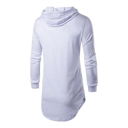 Mens Simple Long-sleeved Curved Hem Side Zipper Longline Pullover Hoodie - KawaiiMoriStore