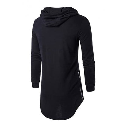 Mens Simple Long-sleeved Curved Hem Side Zipper Longline Pullover Hoodie - KawaiiMoriStore