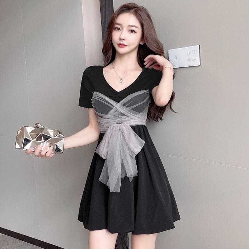 Mesh Paneled Bow Knot Mini Dress