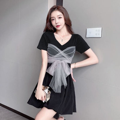 Mesh Paneled Bow Knot Mini Dress