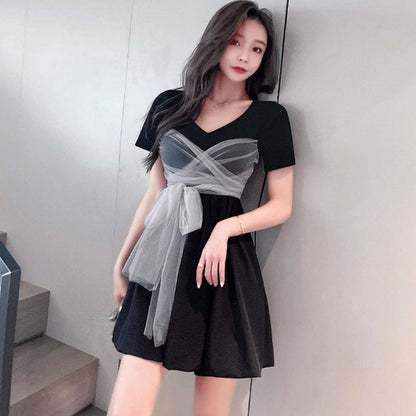 Mesh Paneled Bow Knot Mini Dress