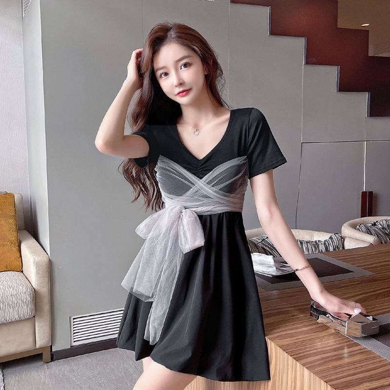 Mesh Paneled Bow Knot Mini Dress