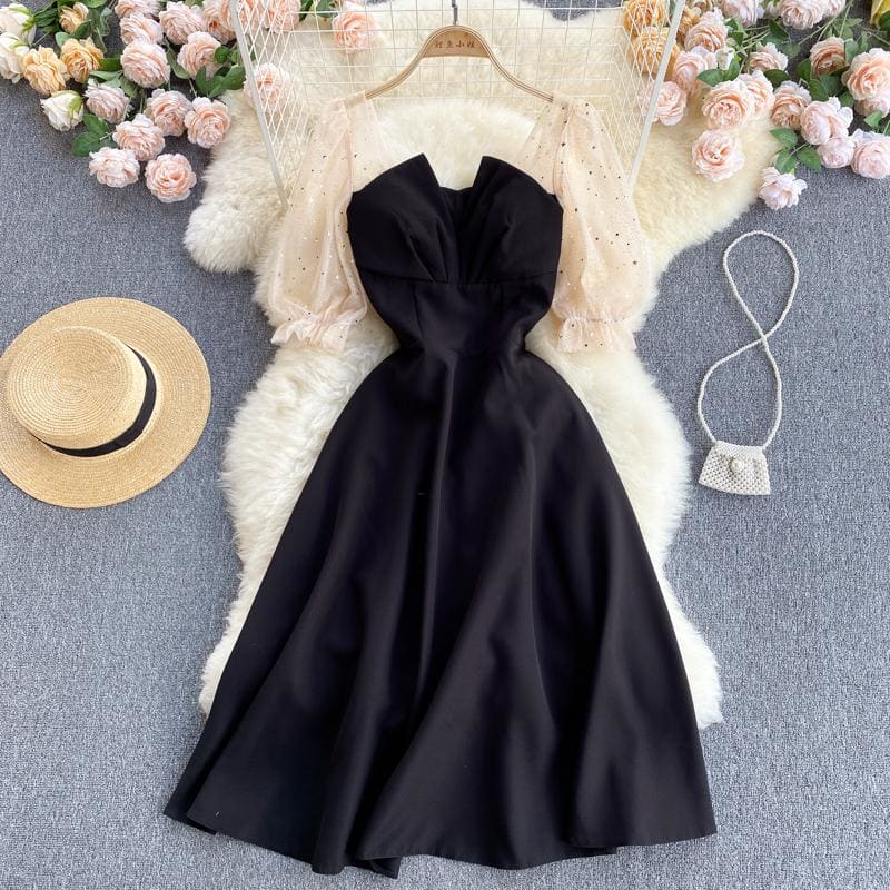 Mesh Puff Sleeve Splicing Party Dress