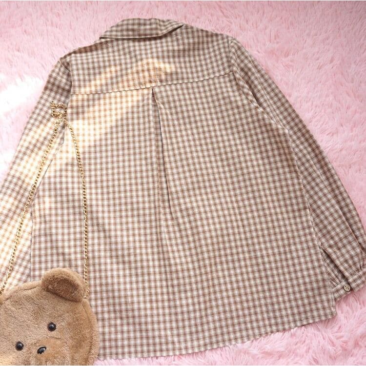Mori Girl Cute Bear Plaid Preppy Style Long Sleeve Shirt MK15506 - KawaiiMoriStore