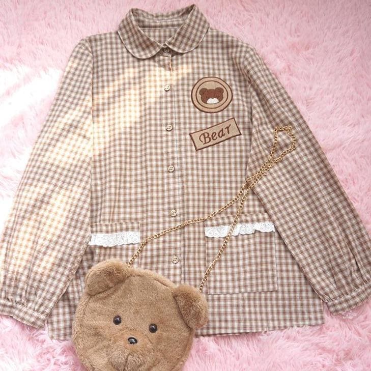Mori Girl Cute Bear Plaid Preppy Style Long Sleeve Shirt MK15506 - KawaiiMoriStore