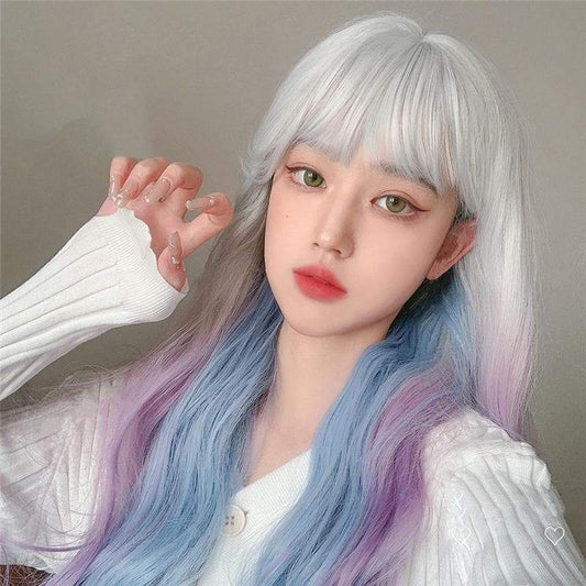 Kawaii 3 Colors eGirl Lolita Purple White Blue Gradient Big Wavy Long Curly Wig MM1664