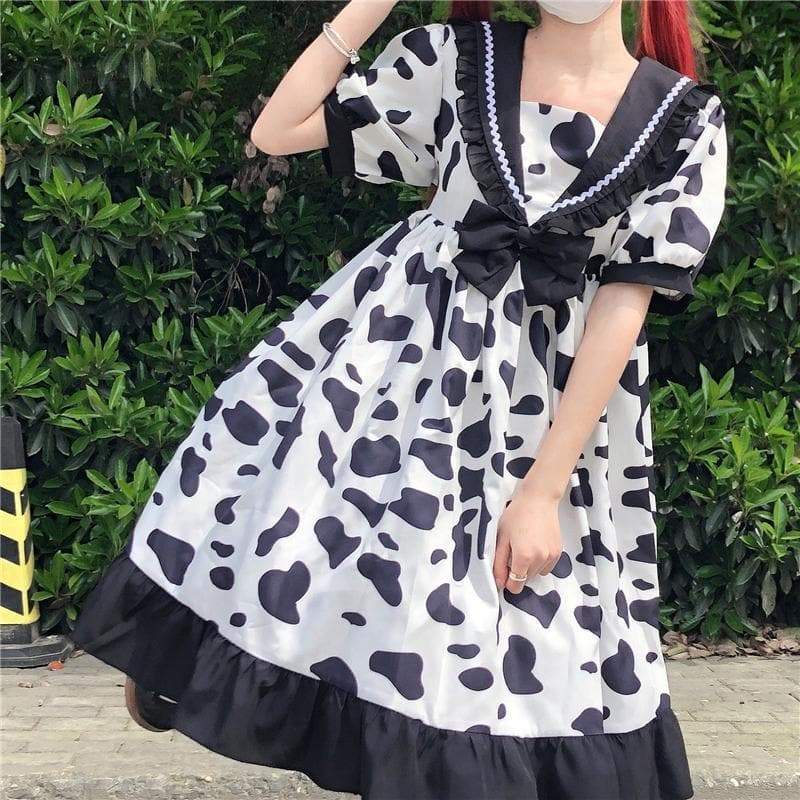 Lovely Cow Print Jfashion Lolita Navy Neck Bow Dress MM1660