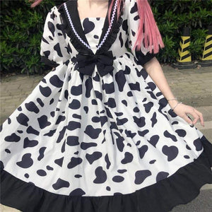 Lovely Cow Print Jfashion Lolita Navy Neck Bow Dress MM1660