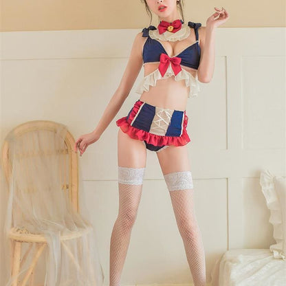 Navy Sweet Falbala Bow Tail Lingerie Set MK14230 - KawaiiMoriStore