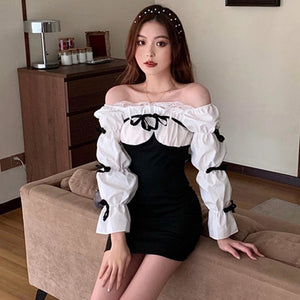 Off Shoulder Color Block Lace Mini Dress - black / one size