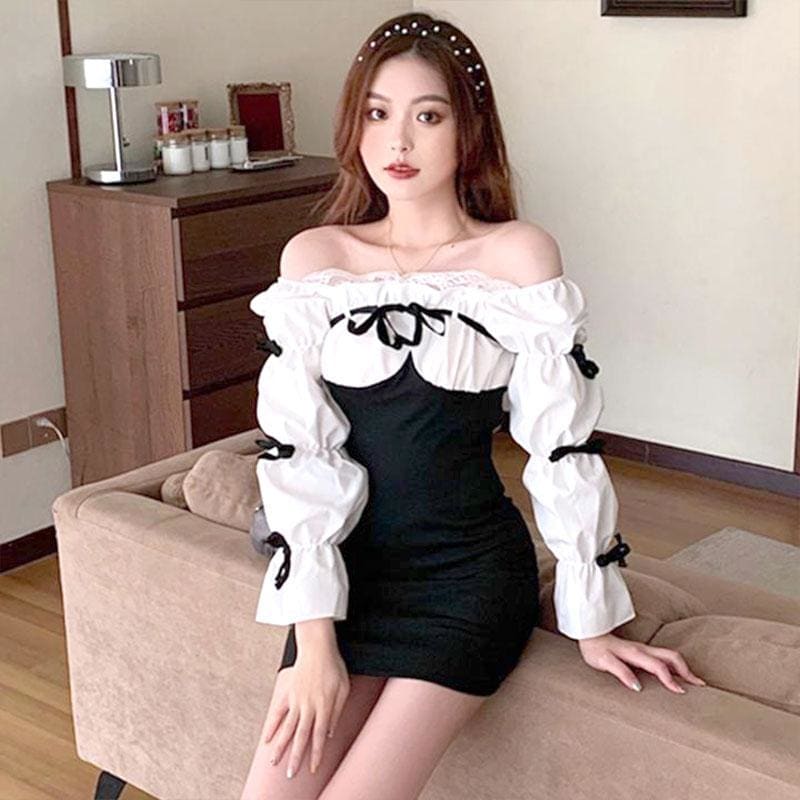 Off Shoulder Color Block Lace Mini Dress - black / one size