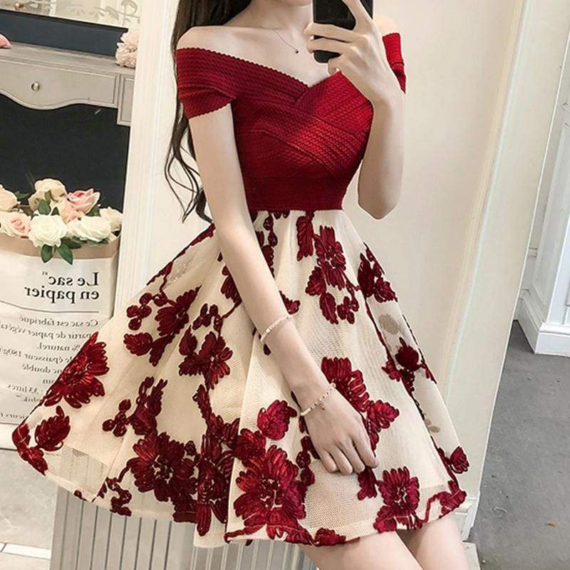 Off Shoulder Red Print Party Dress