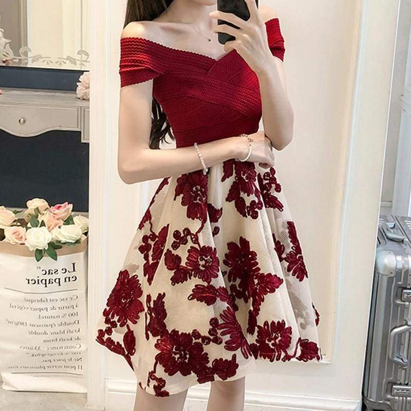 Off Shoulder Red Print Party Dress