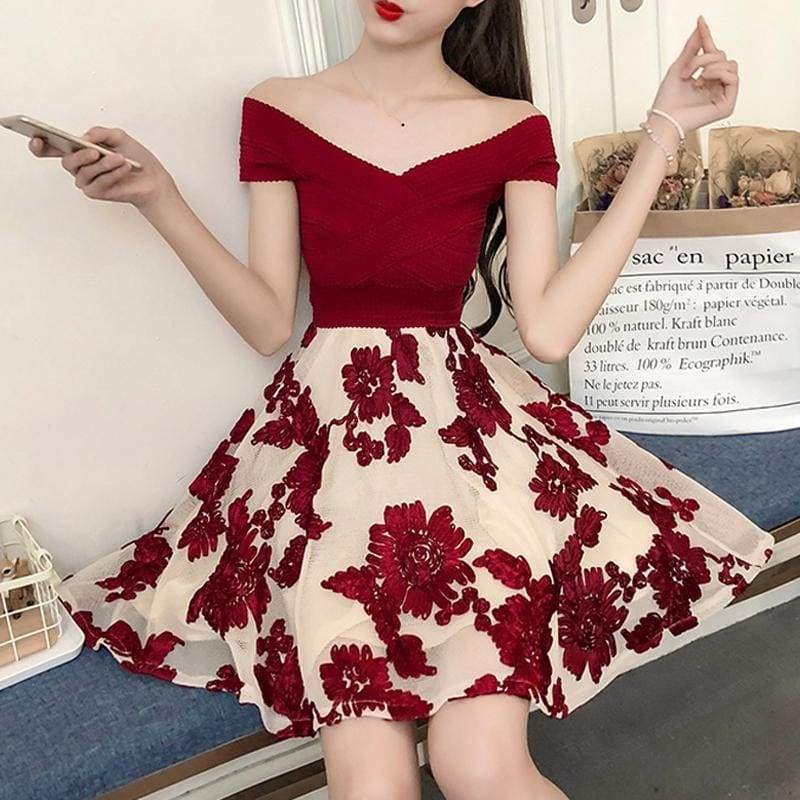 Off Shoulder Red Print Party Dress