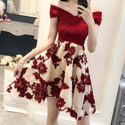 Off Shoulder Red Print Party Dress