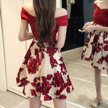 Off Shoulder Red Print Party Dress