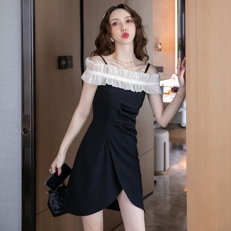 Off Shoulder Ruffled Folds Mini Dress