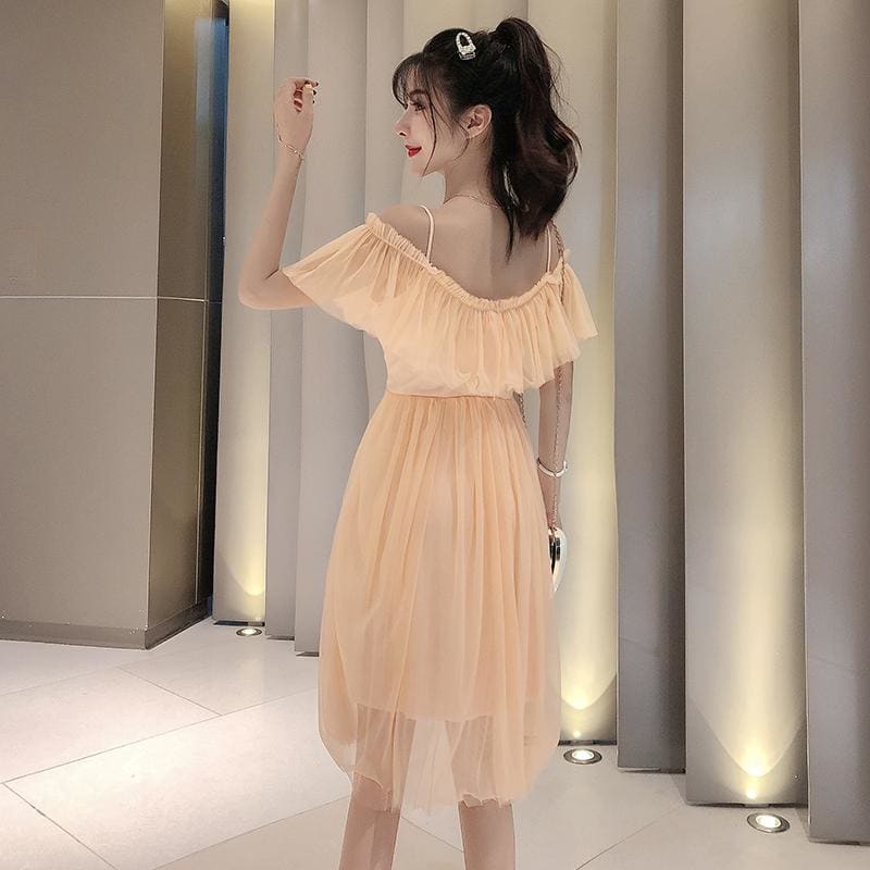 Off-the-shoulder Mesh Sling Short-sleeved Dress