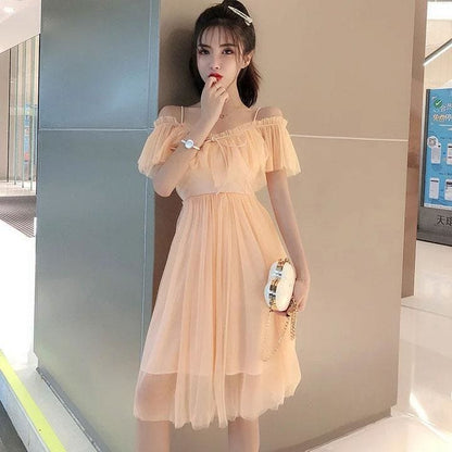 Off-the-shoulder Mesh Sling Short-sleeved Dress