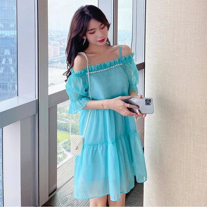 One-Line Neck Drop Shoulder Strap Mini Dress