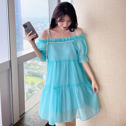 One-Line Neck Drop Shoulder Strap Mini Dress