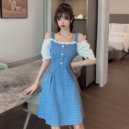 One Shoulder Strap Denim Midi Dress