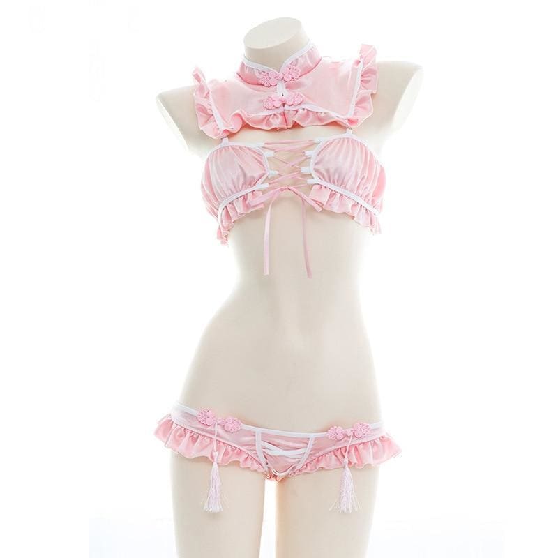 Open Chest Strap Ruffle Retro Sweet Split Chinese Cheongsam Maid Lingerie Set MK15586 - KawaiiMoriStore