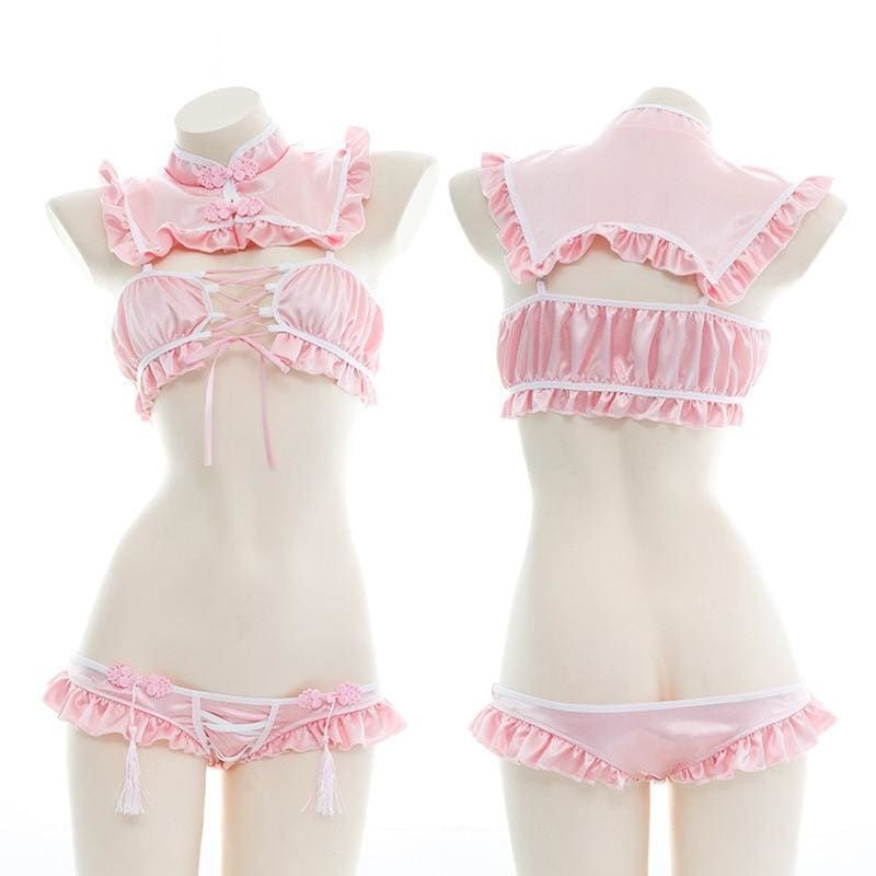 Open Chest Strap Ruffle Retro Sweet Split Chinese Cheongsam Maid Lingerie Set MK15586 - KawaiiMoriStore