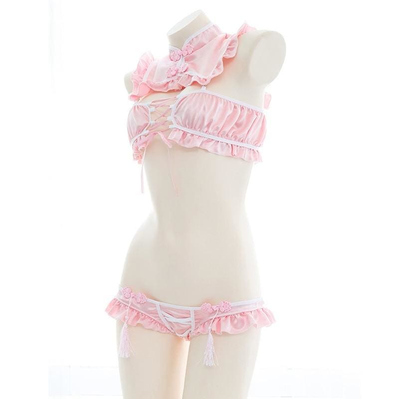 Open Chest Strap Ruffle Retro Sweet Split Chinese Cheongsam Maid Lingerie Set MK15586 - KawaiiMoriStore