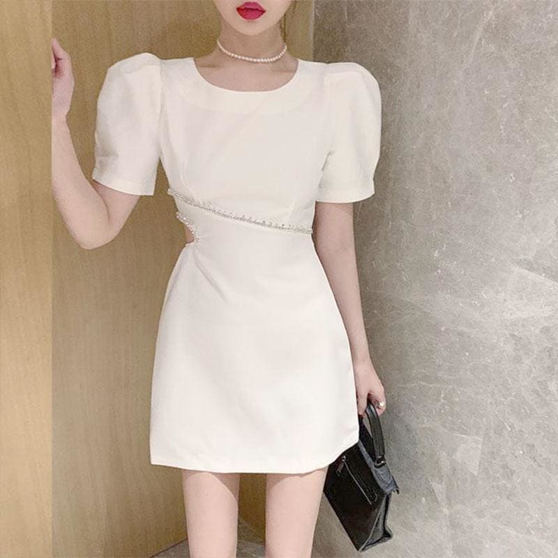 Open Waist Diamond Round Neck Mini Dress