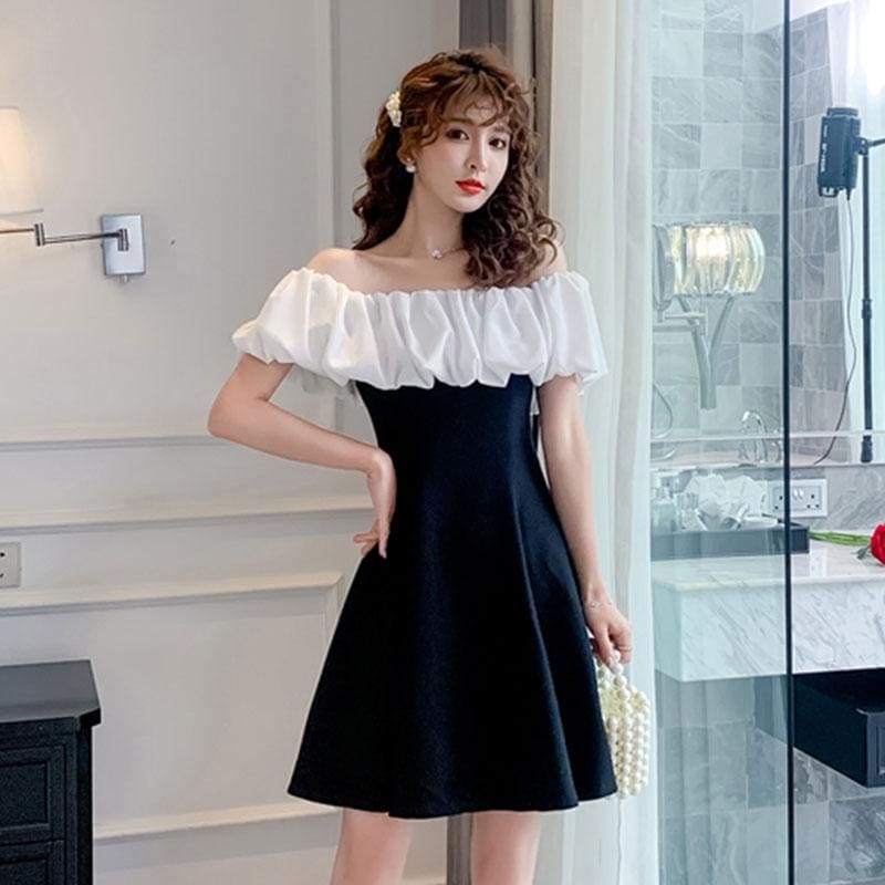 Party Strapless Ruffle Puff Sleeve Mini Dress